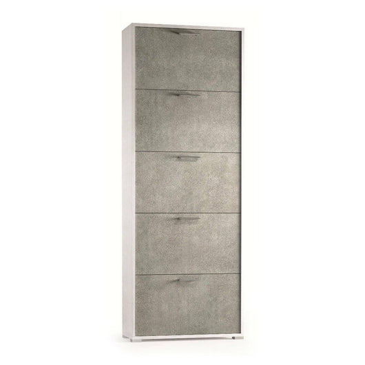Scarpiera Anina, Mobile multiuso da ingresso con 5 ante a ribalta, Armadietto portascarpe a doppia profonditÒ , Made in Italy, Cm 67x28h183, Bianco e Cemento