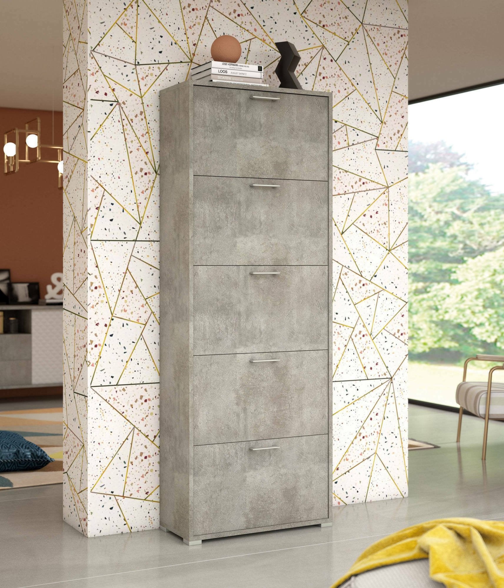 Scarpiera Anina, Mobile multiuso da ingresso con 5 ante a ribalta, Armadietto portascarpe a doppia profonditÒ , Made in Italy, Cm 67x28h183, Cemento