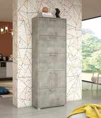 Scarpiera Anina, Mobile multiuso da ingresso con 5 ante a ribalta, Armadietto portascarpe a doppia profonditÒ , Made in Italy, Cm 67x28h183, Cemento