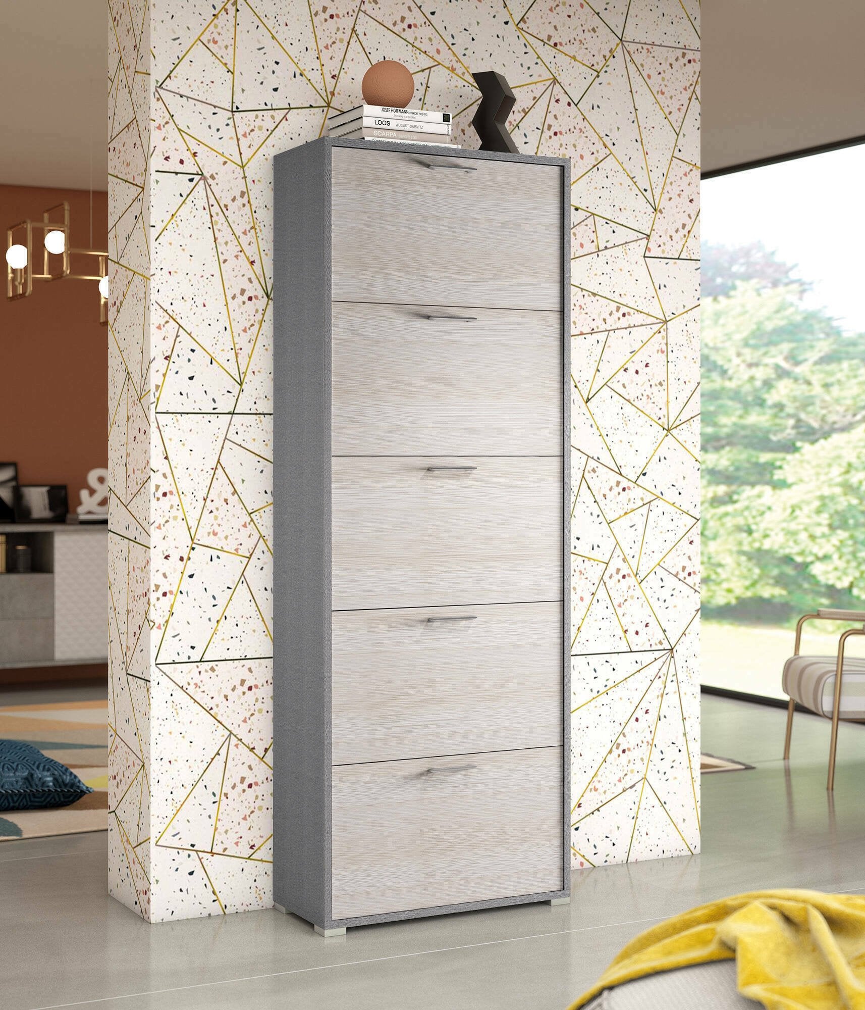 Scarpiera Anina, Mobile multiuso da ingresso con 5 ante a ribalta, Armadietto portascarpe a doppia profonditÒ , Made in Italy, Cm 67x28h183, Larice