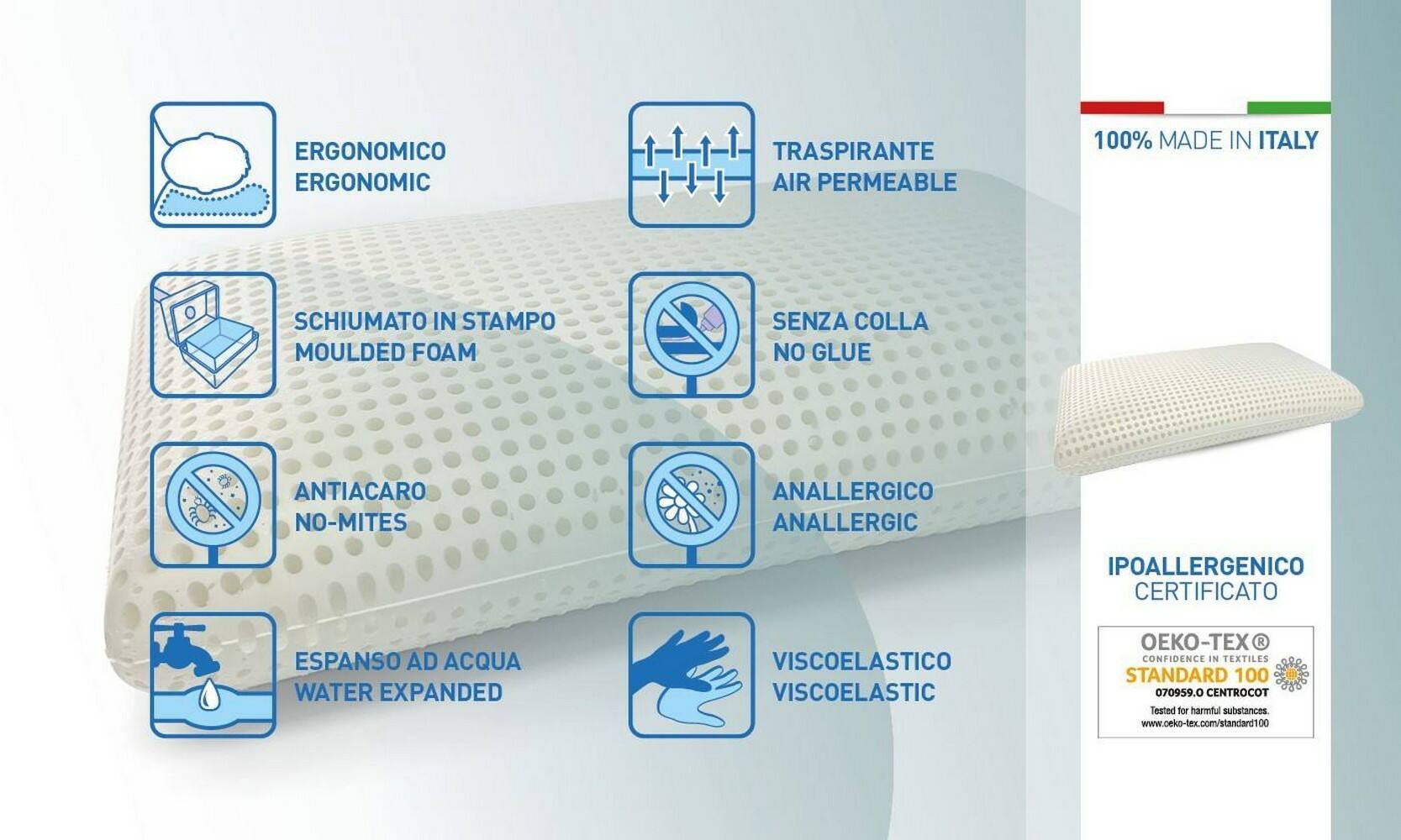 Talamo Italia Cuscino per Menta, 100% Made in Italy, Guanciale ergonomico a "saponetta" in Memory Foam forato, Anallergico e Traspirante, 70x39xh10 cm