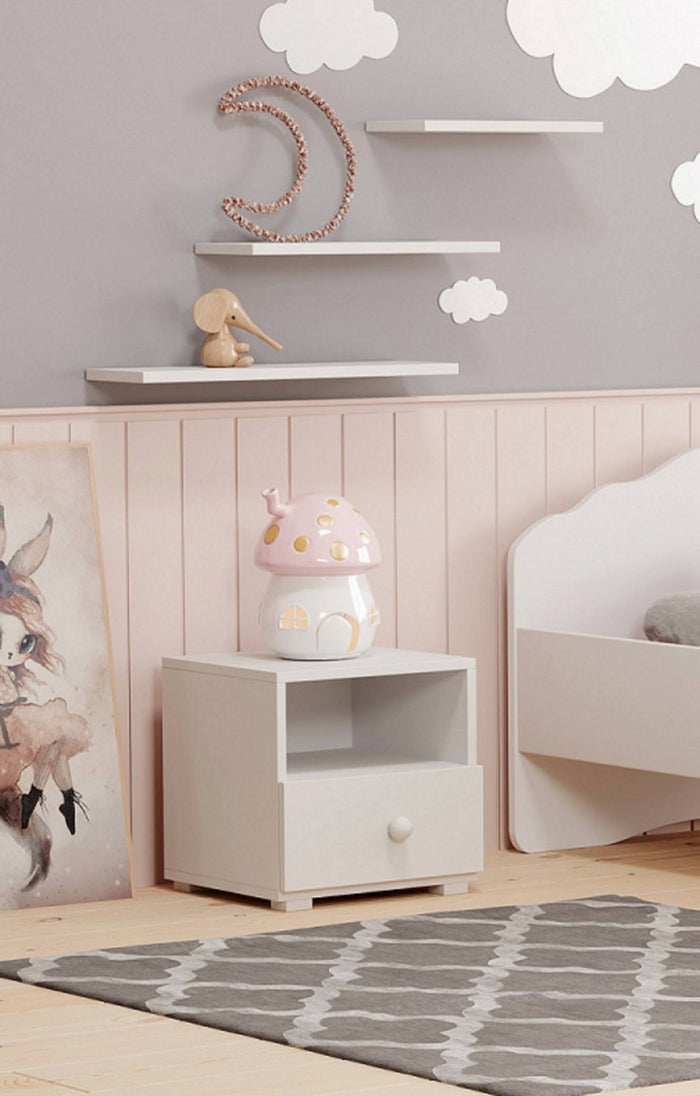 Comodino moderno per camera da Dvernacchi, Tavolino da notte con 1 cassetto e pomello, cm 40x38h41, colore Bianco