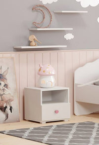 Comodino moderno per camera da Dvernacchi, Tavolino da notte con 1 cassetto e pomello, cm 40x38h41, colore Bianco e Rosa