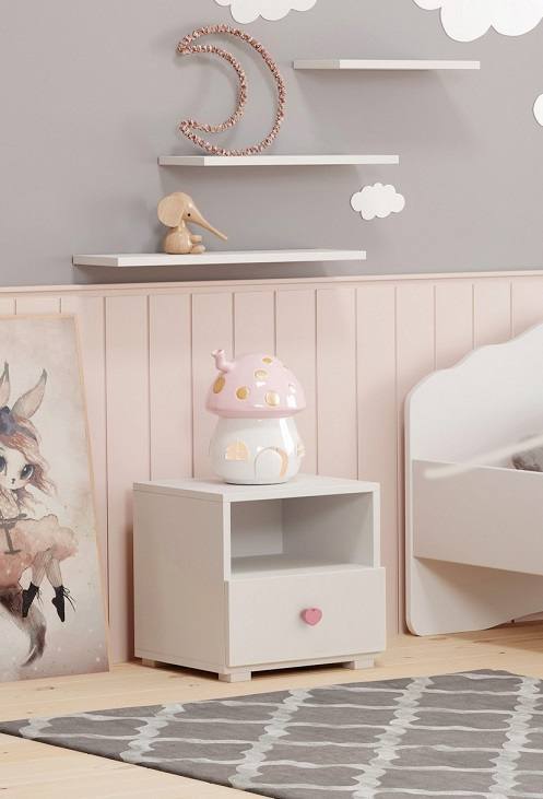 Comodino moderno per camera da Dvernacchi, Tavolino da notte con 1 cassetto e pomello, cm 40x38h41, colore Bianco e Rosa