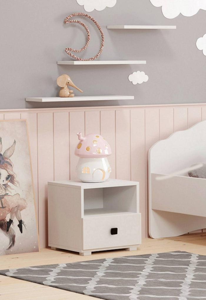 Comodino moderno per camera da Dvernacchi, Tavolino da notte con 1 cassetto e pomello, cm 40x38h41, colore Bianco e Nero