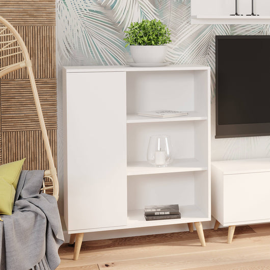 Credenza a 1 anta e 2 Dvicin, Buffet con piedini, Madia da soggiorno in stile scandi, Libreria con scaffali, cm 40x90h116, colore Bianco