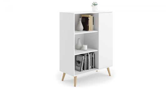 Credenza a 1 anta e 2 Dvicin, Buffet con piedini, Madia da soggiorno in stile scandi, Libreria con scaffali, cm 40x90h116, colore Bianco