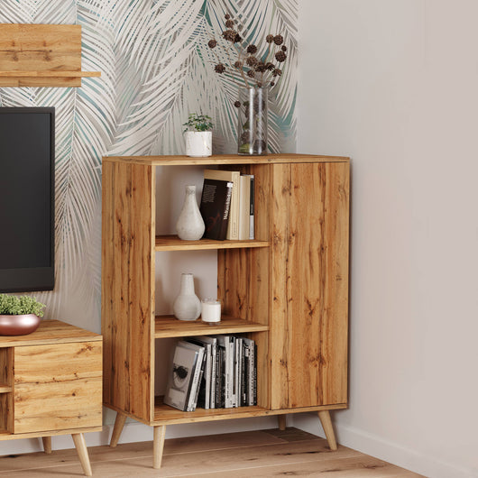 Credenza a 1 anta e 2 Dvicin, Buffet con piedini, Madia da soggiorno in stile scandi, Libreria con scaffali, cm 40x90h116, colore Acero