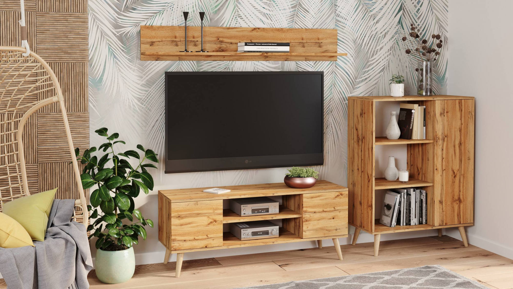 Credenza a 1 anta e 2 Dvicin, Buffet con piedini, Madia da soggiorno in stile scandi, Libreria con scaffali, cm 40x90h116, colore Acero