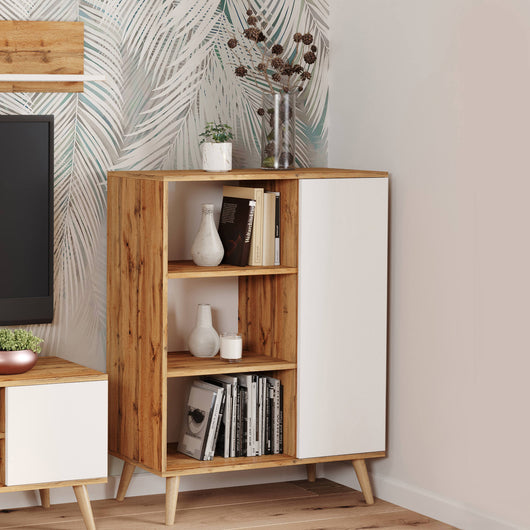 Credenza a 1 anta e 2 Dvicin, Buffet con piedini, Madia da soggiorno in stile scandi, Libreria con scaffali, cm 40x90h116, colore Bianco e Acero