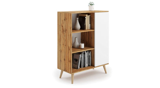 Credenza a 1 anta e 2 Dvicin, Buffet con piedini, Madia da soggiorno in stile scandi, Libreria con scaffali, cm 40x90h116, colore Bianco e Acero