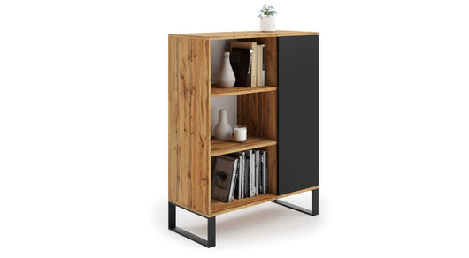 Credenza industrial a 1 anta e 2 Dvictormakeng, Buffet con piedini in metallo, Madia da soggiorno, Libreria con scaffali, cm 40x90h116, colore Nero e Acero