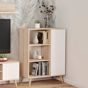 Credenza a 1 anta e 2 Dvicin, Buffet con piedini, Madia da soggiorno in stile scandi, Libreria con scaffali, cm 40x90h116, colore Bianco e Rovere