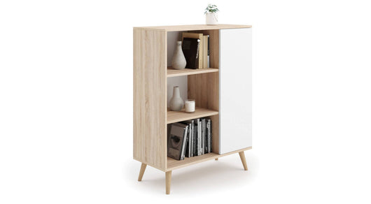 Credenza a 1 anta e 2 Dvicin, Buffet con piedini, Madia da soggiorno in stile scandi, Libreria con scaffali, cm 40x90h116, colore Bianco e Rovere