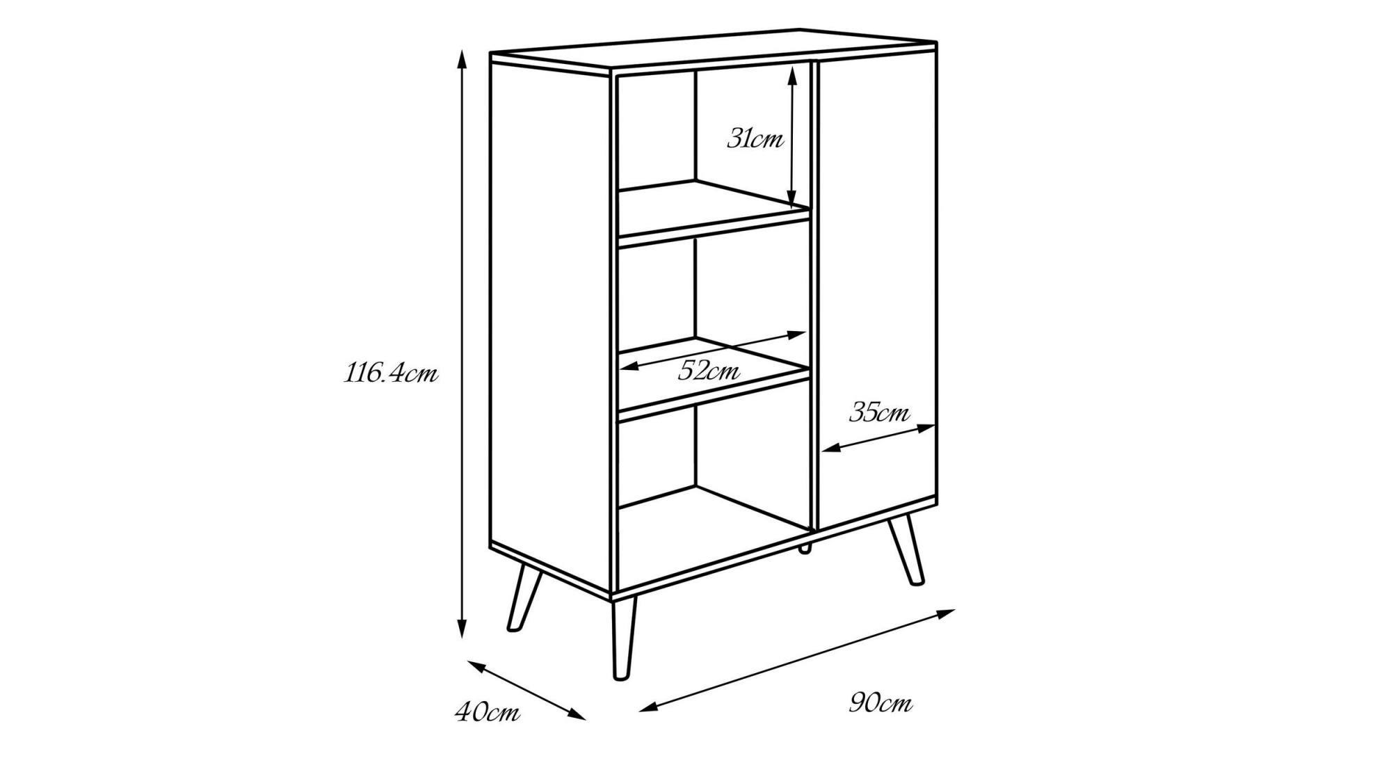 Credenza a 1 anta e 2 Dvicin, Buffet con piedini, Madia da soggiorno in stile scandi, Libreria con scaffali, cm 40x90h116, colore Bianco e Rovere