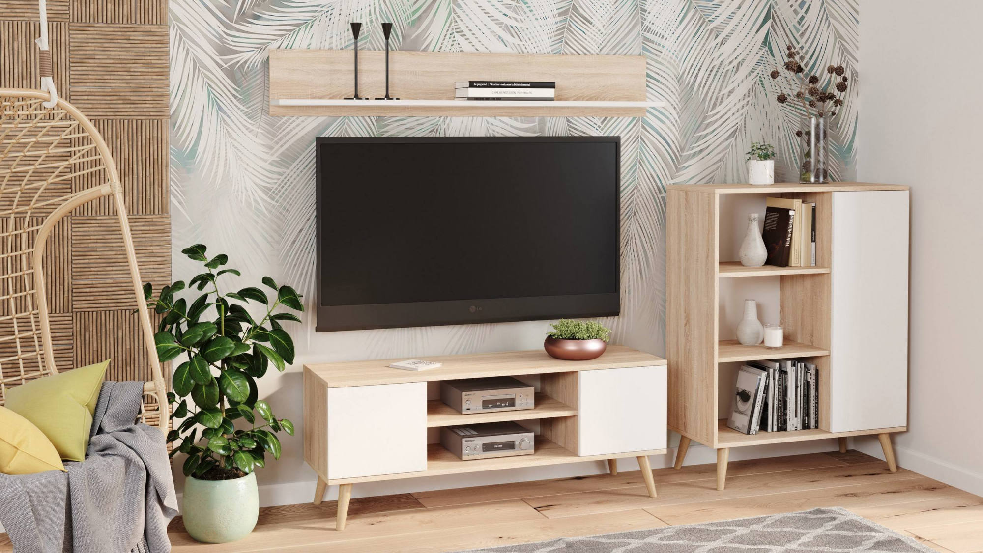 Credenza a 1 anta e 2 Dvicin, Buffet con piedini, Madia da soggiorno in stile scandi, Libreria con scaffali, cm 40x90h116, colore Bianco e Rovere