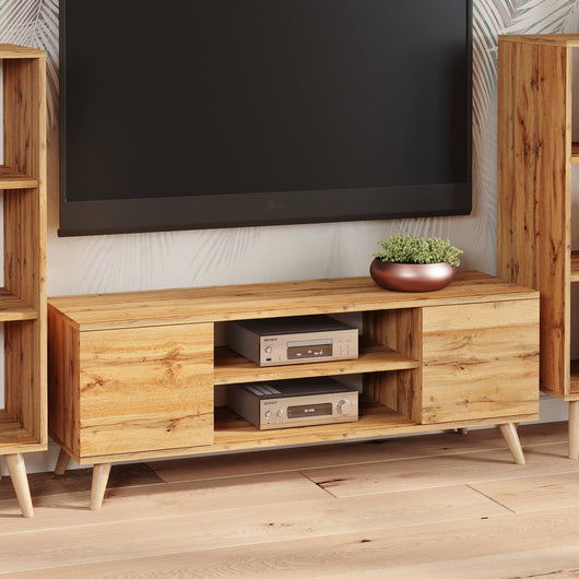 Mobile porta tv con 2 ante e 1 ripiano Dvida, Credenza con piedini, Buffet da soggiorno in stile scandi, cm 155x40h50, colore Acero
