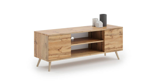 Mobile porta tv con 2 ante e 1 ripiano Dvida, Credenza con piedini, Buffet da soggiorno in stile scandi, cm 155x40h50, colore Acero