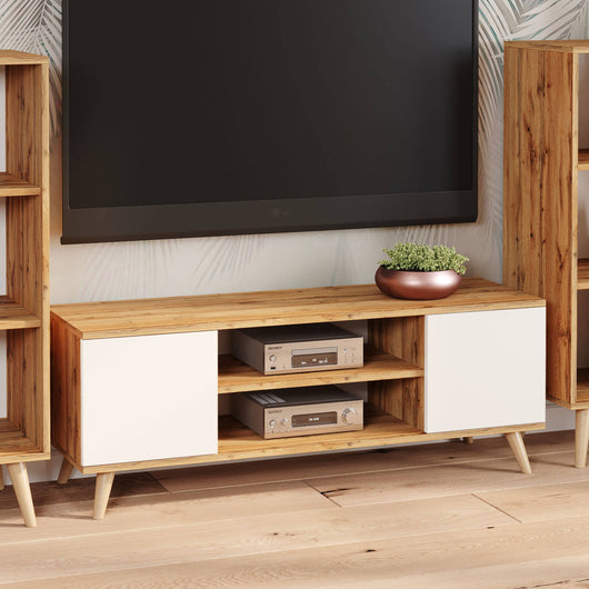 Mobile porta tv con 2 ante e 1 ripiano Dvida, Credenza con piedini, Buffet da soggiorno in stile scandi, cm 155x40h50, colore Bianco e Acero