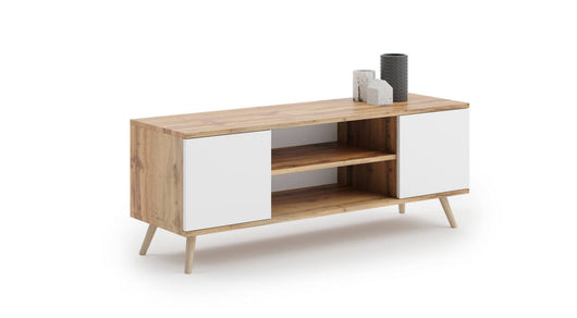 Mobile porta tv con 2 ante e 1 ripiano Dvida, Credenza con piedini, Buffet da soggiorno in stile scandi, cm 155x40h50, colore Bianco e Acero
