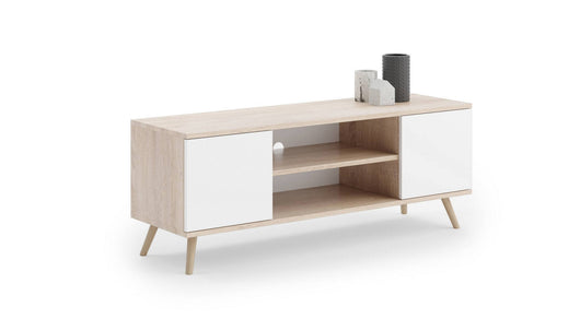 Mobile porta tv con 2 ante e 1 ripiano Dvida, Credenza con piedini, Buffet da soggiorno in stile scandi, cm 155x40h50, colore Bianco e Rovere