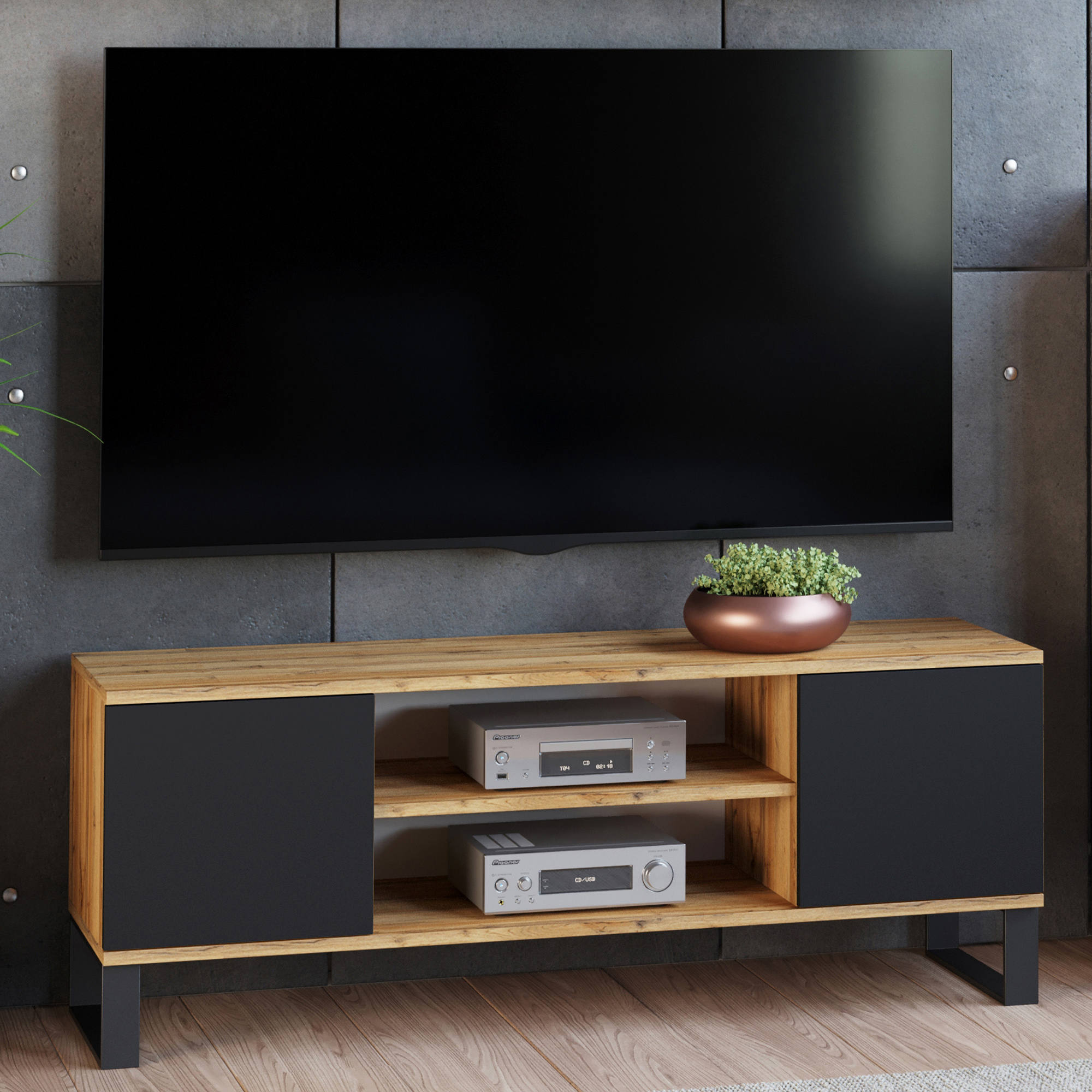 Mobile porta tv con 2 ante e 1 ripiano Dvid, Credenza con piedini in metallo, Buffet da soggiorno in stile industrial, cm 155x40h49, colore Acero e Nero