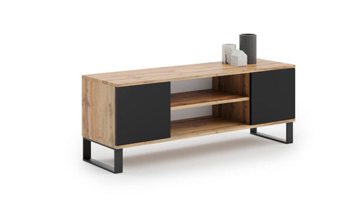 Mobile porta tv con 2 ante e 1 ripiano Dvid, Credenza con piedini in metallo, Buffet da soggiorno in stile industrial, cm 155x40h49, colore Acero e Nero