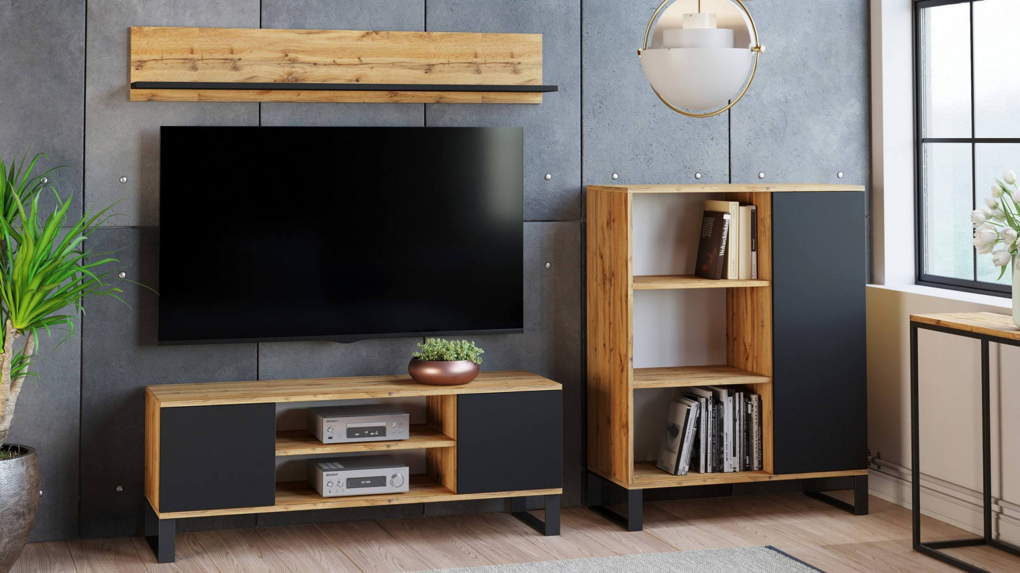 Mobile porta tv con 2 ante e 1 ripiano Dvid, Credenza con piedini in metallo, Buffet da soggiorno in stile industrial, cm 155x40h49, colore Acero e Nero