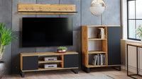 Mobile porta tv con 2 ante e 1 ripiano Dvid, Credenza con piedini in metallo, Buffet da soggiorno in stile industrial, cm 155x40h49, colore Acero e Nero
