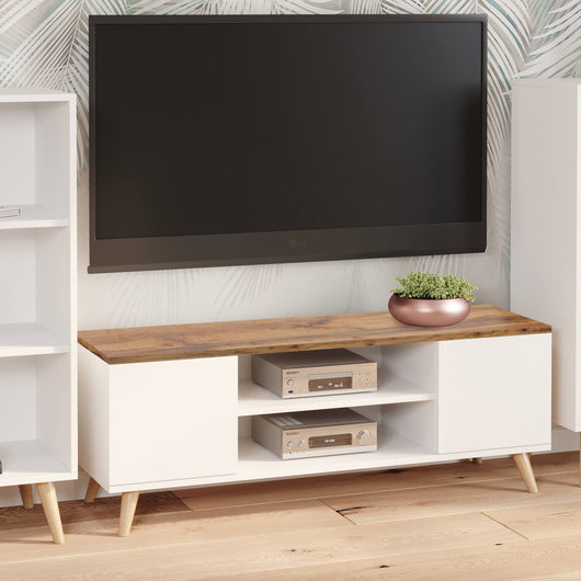 Mobile porta tv con 2 ante e 1 ripiano Dvida, Credenza con piedini, Buffet da soggiorno in stile scandi, cm 155x40h49, colore Bianco e top color Acero