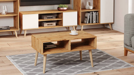 Tavolino basso da Dverr, Tavolino porta riviste con 2 scaffali e piedini, Stile scandi, cm 55x90h55, colore Acero