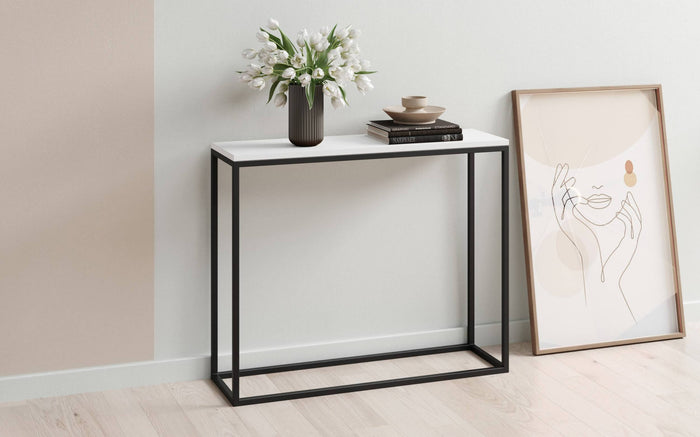 Tavolo alto da Dverzellett, Tavolo ausiliario con gambe in metallo, Consolle rettangolare da bar stile idustrial, cm 100x30h80, colore Bianco opaco