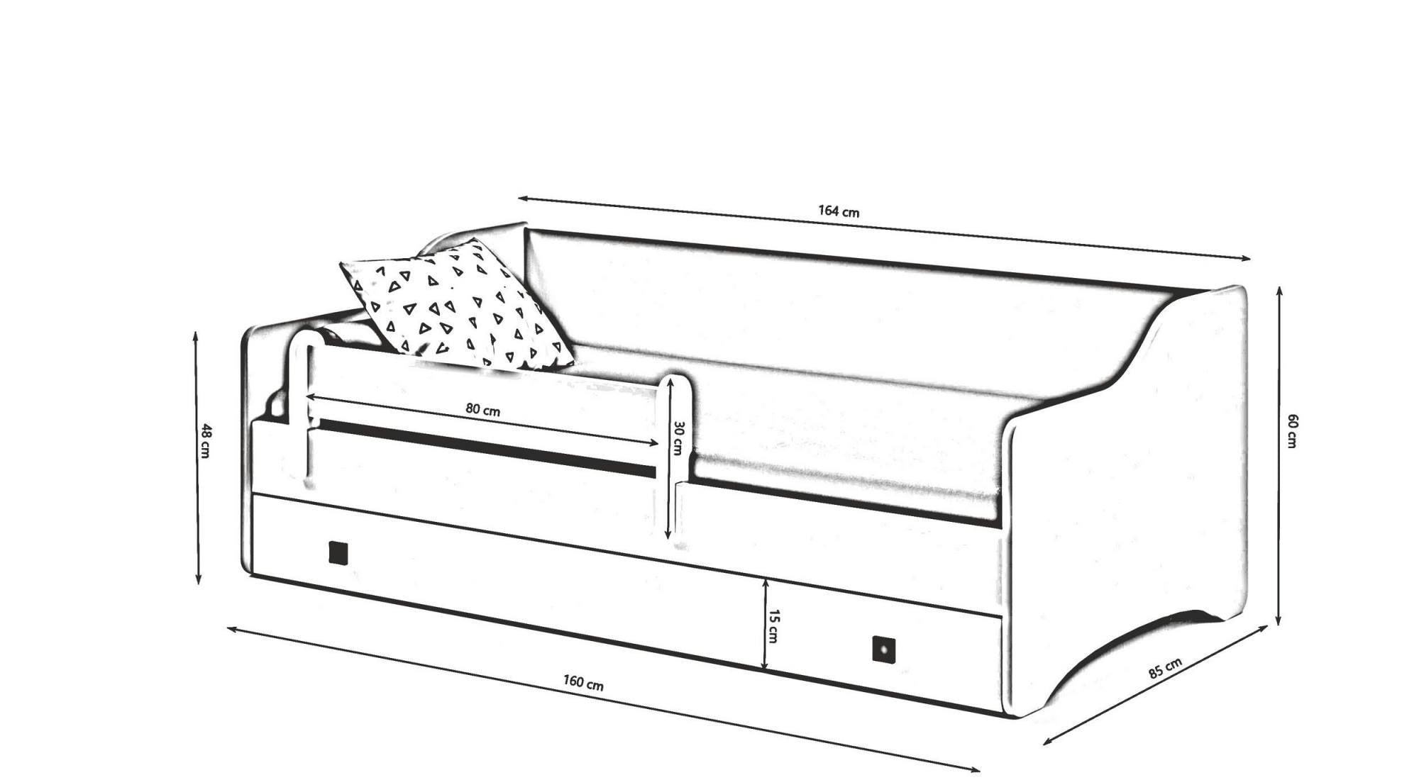 Letto singolo per Dvesel, Lettino con protezione anticaduta per cameretta, cm 164x85h60, colore Bianco e Nero