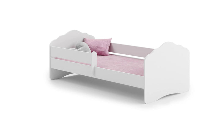 Letto singolo per Dvezzos, Lettino per cameretta, Letto con protezione anticaduta e testiera a "nuvola", cm 144x78h58, colore Bianco