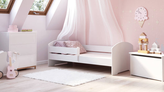 Letto singolo per Dvial, Lettino per cameretta, Letto con protezione anticaduta, con testiera tonda, cm 164x88h63, colore Bianco