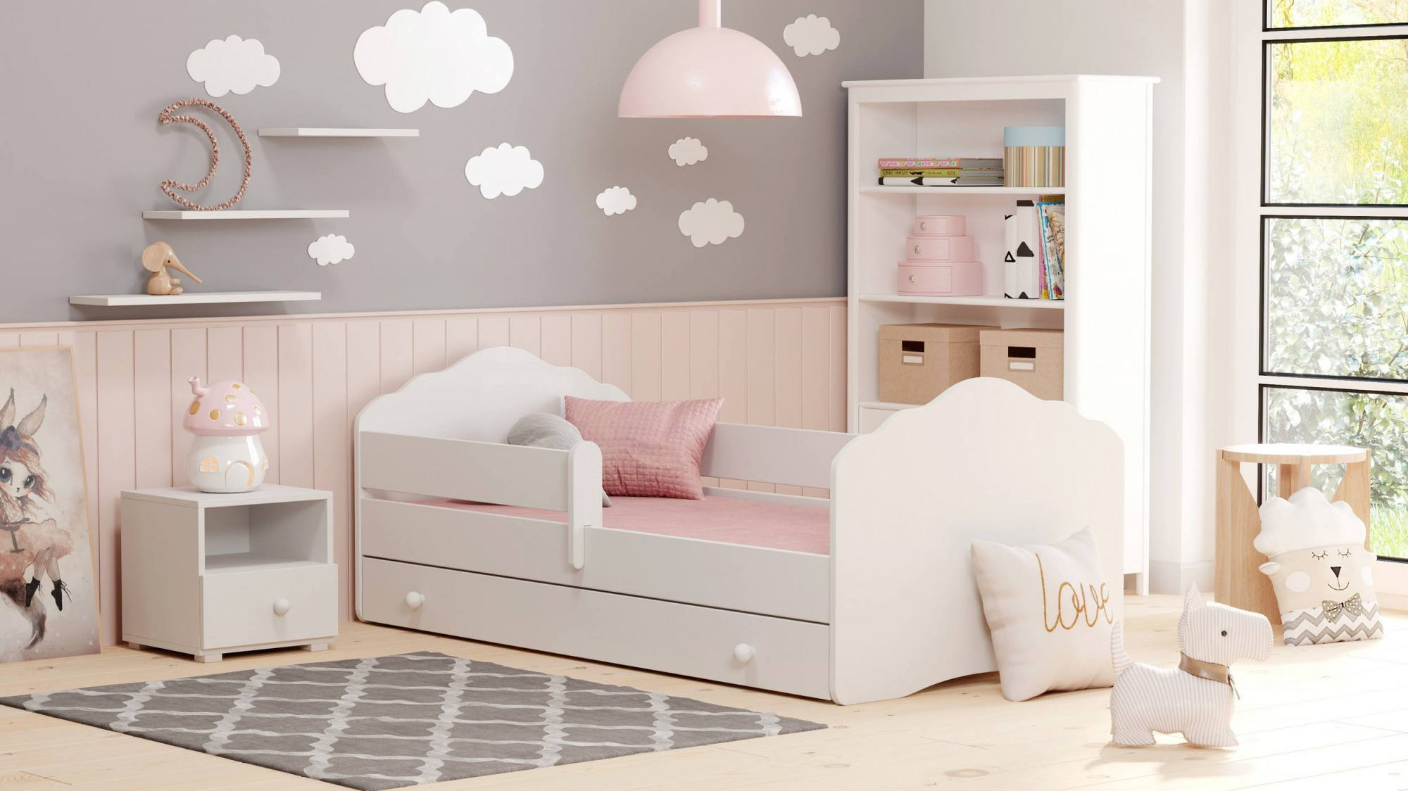 Letto singolo per Dvicar, Lettino con cassettone e protezione anticaduta e testiera a "nuvola", cm 144x78h58, colore Bianco
