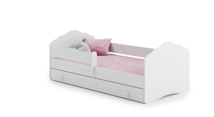 Letto singolo per Dvicar, Lettino con protezione anticaduta e testiera a "nuvola", cm 164x88h63, colore Bianco