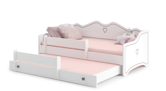 Letto singolo per Dvicchiarell, Divano letto con secondo lettino estraibile, Lettino con decorazione e protezione anticaduta, cm 164x88h70, colore Bianco e Grigio