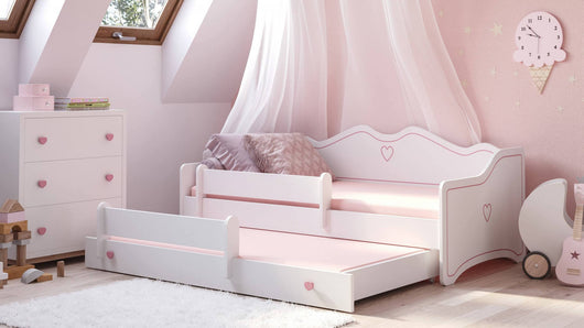 Letto singolo per Dvicchiarell, Divano letto con secondo lettino estraibile, Lettino con decorazione con protezione anticaduta, cm 164x88h70, colore Bianco e Rosa