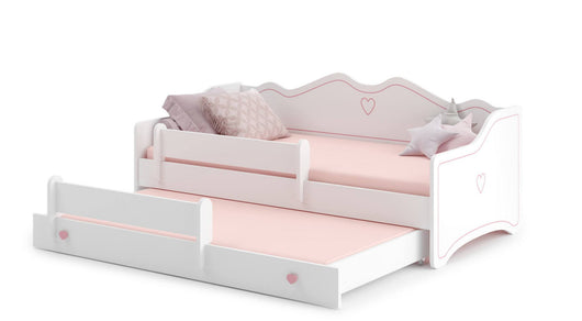 Letto singolo per Dvicchiarell, Divano letto con secondo lettino estraibile, Lettino con decorazione con protezione anticaduta, cm 164x88h70, colore Bianco e Rosa