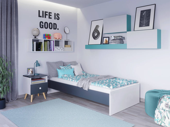 Letto singolo moderno con Dvician, letto a una piazza adatto a materasso da 90x190 cm, colore Bianco e Grigio