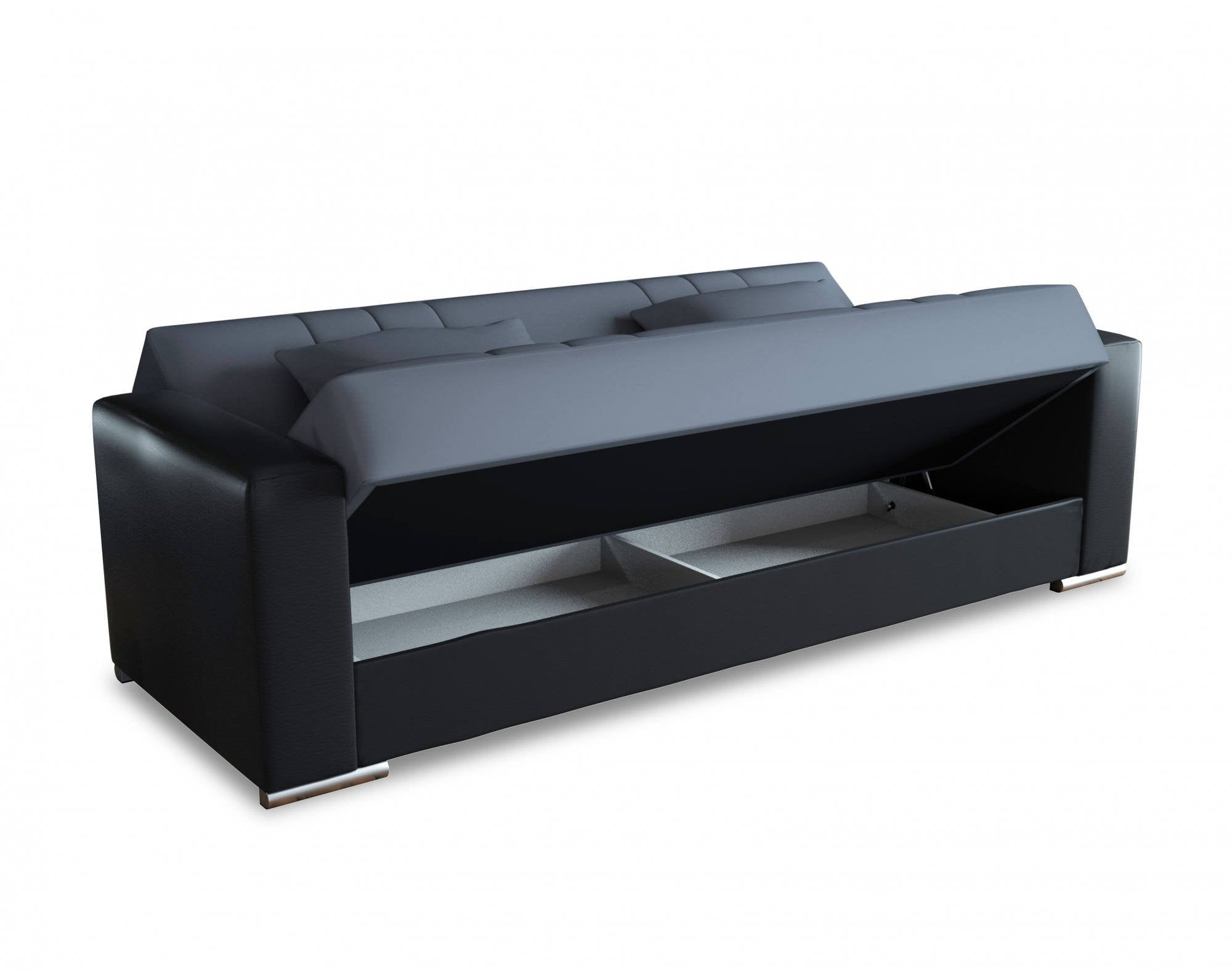 Divano letto Arix, Divano letto contenitore a 3 posti in ecopelle e tessuto, SofÒ  da soggiorno con apertura click-clack e 2 cuscini inclusi, Cm 230 x96h101, Nero e Grigio