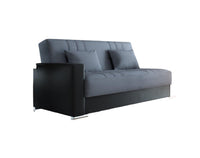 Divano letto Arix, Divano letto contenitore a 3 posti in ecopelle e tessuto, SofÒ  da soggiorno con apertura click-clack e 2 cuscini inclusi, Cm 230 x96h101, Nero e Grigio