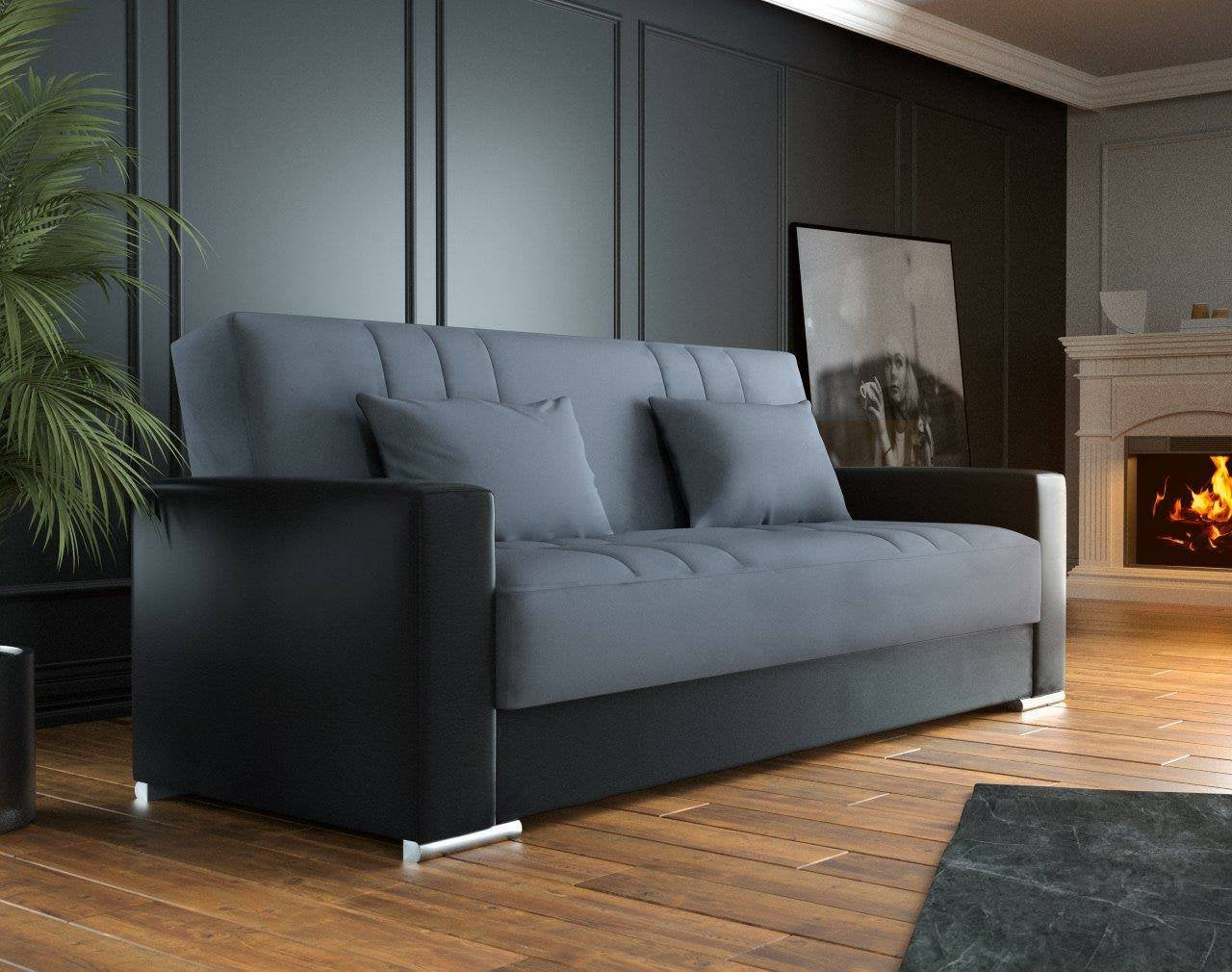 Divano letto Arix, Divano letto contenitore a 3 posti in ecopelle e tessuto, SofÒ  da soggiorno con apertura click-clack e 2 cuscini inclusi, Cm 230 x96h101, Nero e Grigio