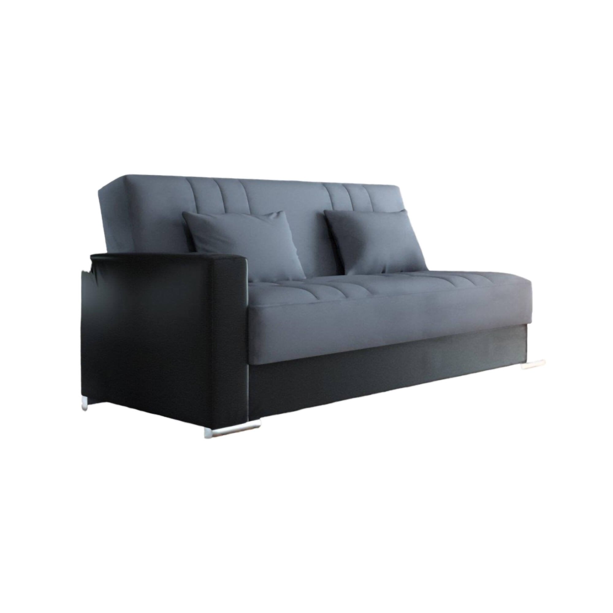 Divano letto Arix, Divano letto contenitore a 3 posti in ecopelle e tessuto, SofÒ  da soggiorno con apertura click-clack e 2 cuscini inclusi, Cm 230 x96h101, Nero e Grigio