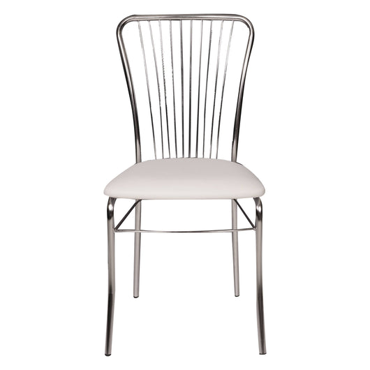Sedia 0, Set di 2 Sedie moderne con fondello in ecopelle, struttura in metallo cromato, Cm 54x45h93, Bianco