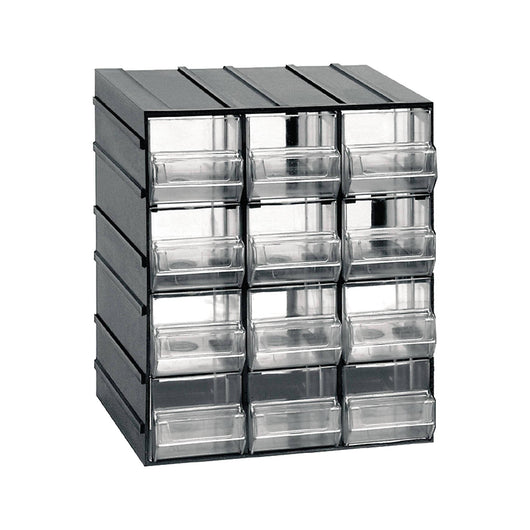 Cassettiera portaminuteria a 12 Atanasia, Organiser portaoggetti con Atanasia trasparenti, 100% Made in Italy, cm 19x15h23, colore Nero