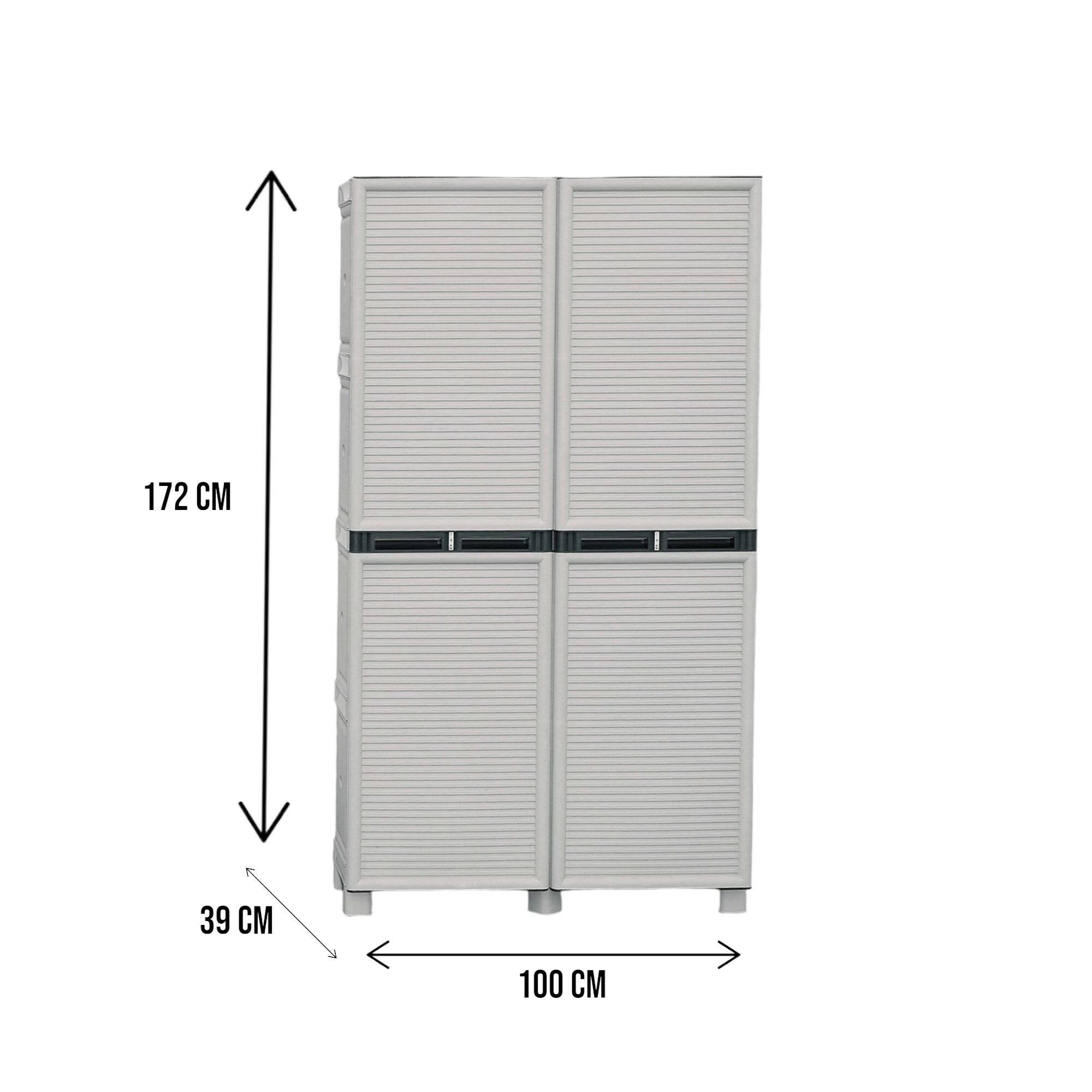 Armadio multiuso da esterno o Allain, Mobile a 2 ante e 3 ripiani in polipropilene, 100% Made in Italy, cm 100x39h172, colore Grigio chiaro