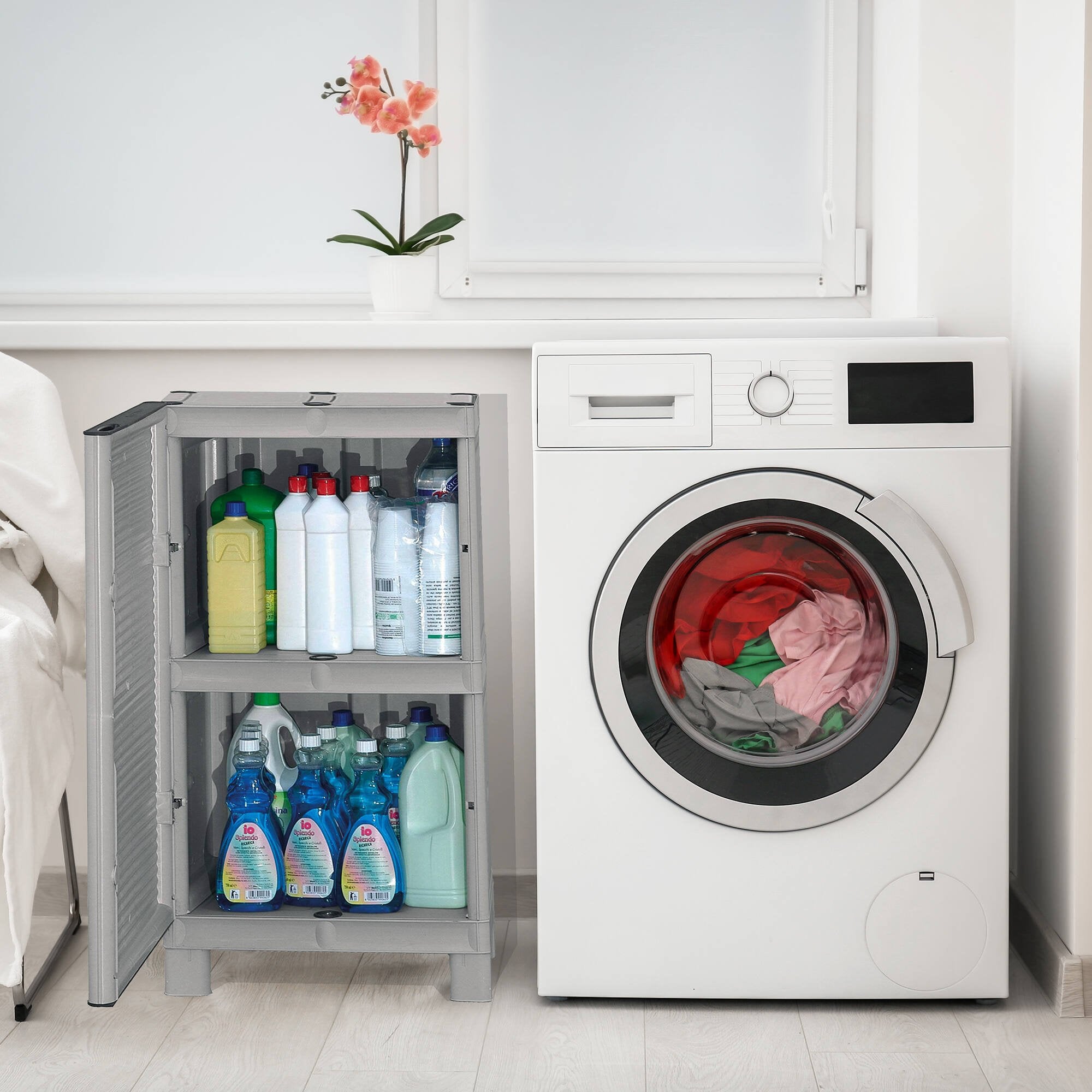 Mobiletto multiuso da esterno o Arlinda, Armadio basso a 1 anta e 1 ripiano in polipropilene, 100% Made in Italy, cm 50x39h92, colore Grigio chiaro