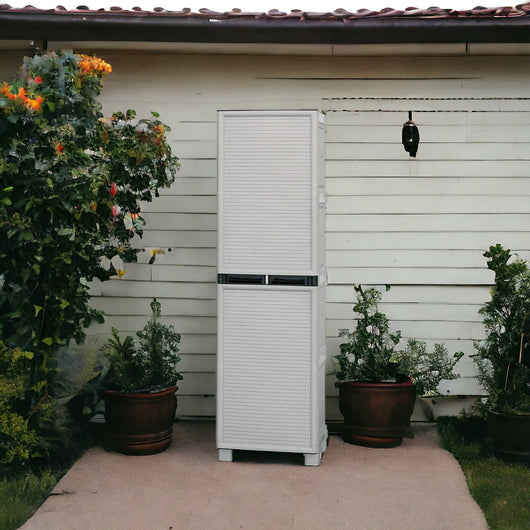 Armadio multiuso da esterno o Allain, Mobile a 1 anta e 3 ripiani in polipropilene, 100% Made in Italy, cm 50x39h172, colore Grigio chiaro